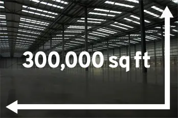 large wharehouse with an overlaid measurment graphic showing 300000 square feet